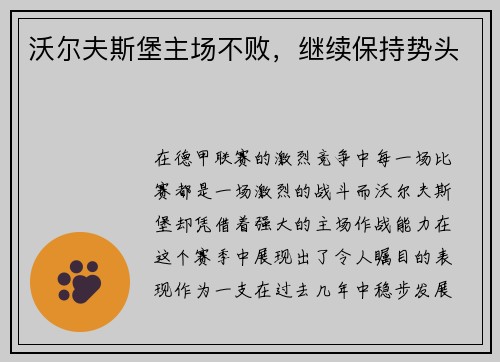 沃尔夫斯堡主场不败，继续保持势头